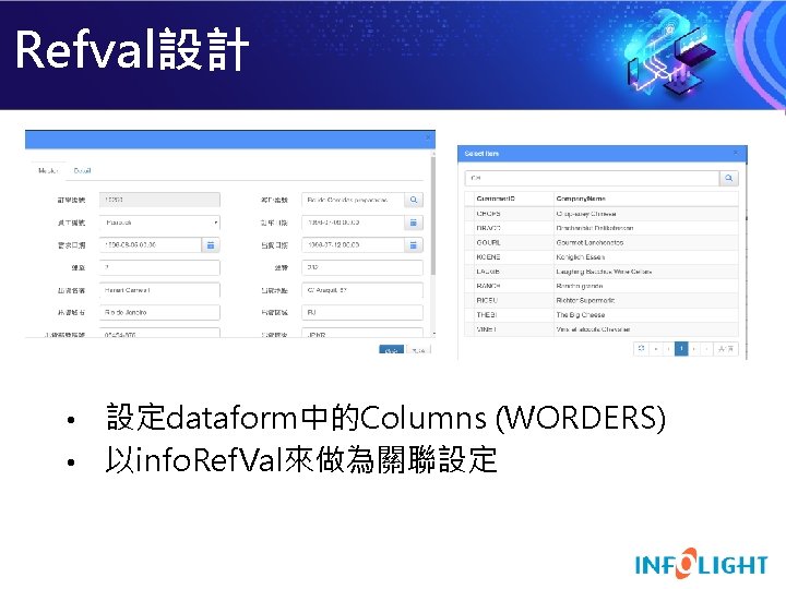 Refval設計 設定dataform中的Columns (WORDERS) • 以info. Ref. Val來做為關聯設定 • 