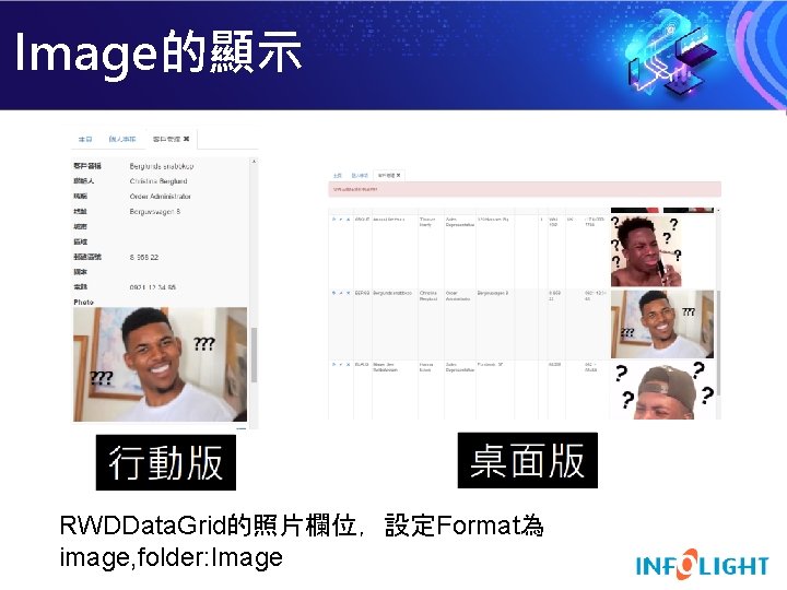 Image的顯示 RWDData. Grid的照片欄位，設定Format為 image, folder: Image 