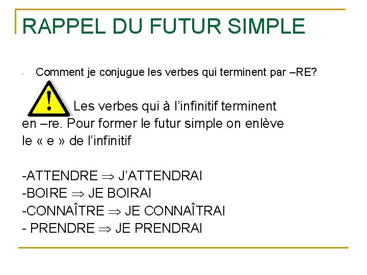 RAPPEL DU FUTUR SIMPLE - Comment je conjugue les verbes qui terminent par –RE?