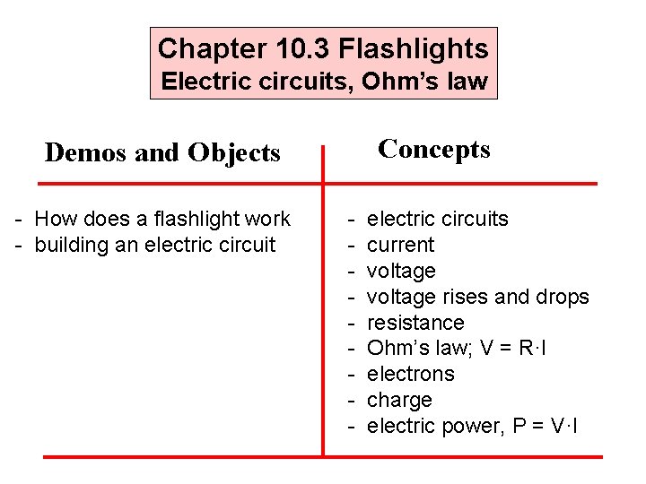 Chapter 10. 3 Flashlights Electric circuits, Ohm’s law Concepts Demos and Objects - How