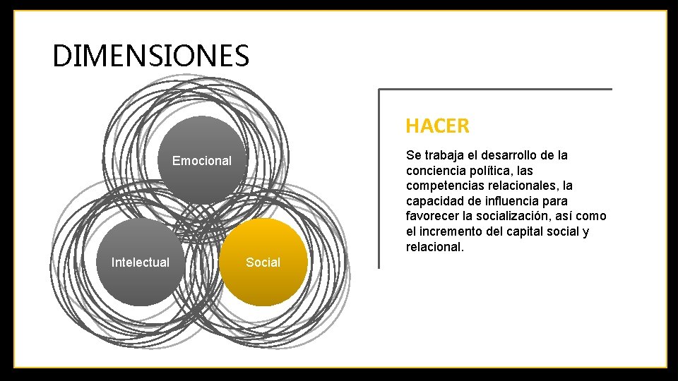 DIMENSIONES HACER Se trabaja el desarrollo de la conciencia política, las competencias relacionales, la