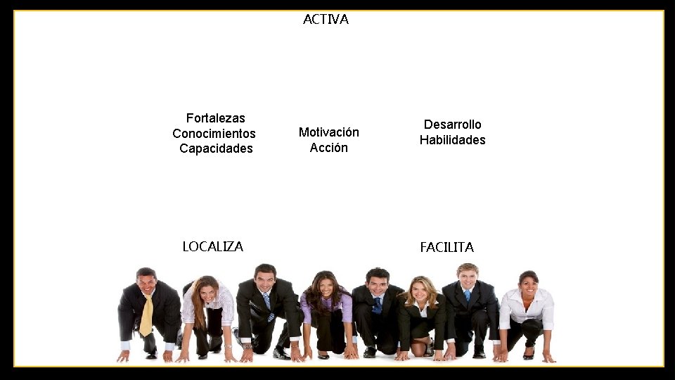 ACTIVA Fortalezas Conocimientos Capacidades LOCALIZA Motivación Acción Desarrollo Habilidades FACILITA 