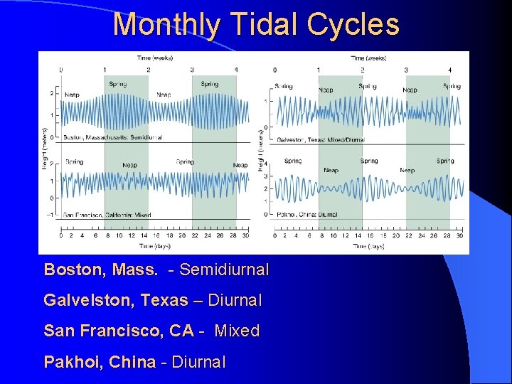 Monthly Tidal Cycles Boston, Mass. - Semidiurnal Galvelston, Texas – Diurnal San Francisco, CA