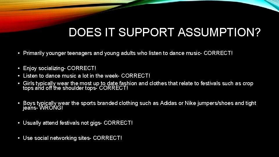 DOES IT SUPPORT ASSUMPTION? • Primarily younger teenagers and young adults who listen to