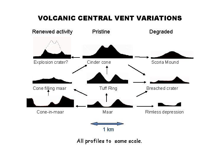 VOLCANIC CENTRAL VENT VARIATIONS Renewed activity Explosion crater? Pristine Cinder cone Cone filling maar