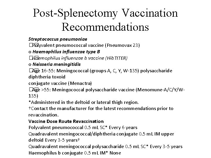 Post-Splenectomy Vaccination Recommendations Streptococcus pneumoniae �� Polyvalent pneumococcal vaccine (Pneumovax 23) o Haemophilus influenzae