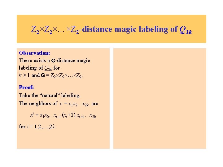 Z 2×…×Z 2 -distance magic labeling of Q 2 k Observation: There exists a