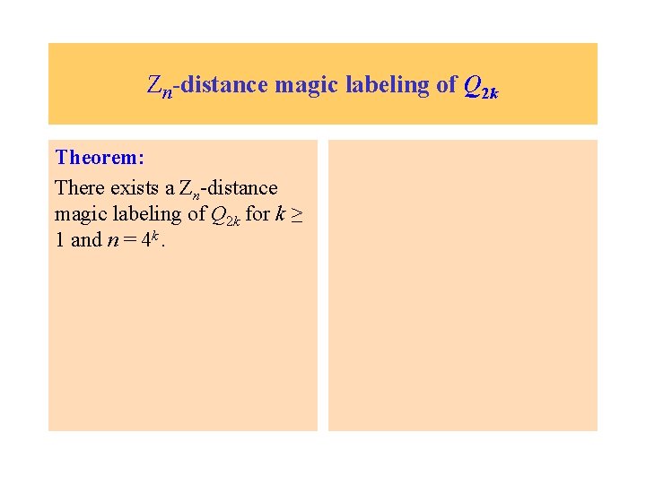 Zn-distance magic labeling of Q 2 k Theorem: There exists a Zn-distance magic labeling