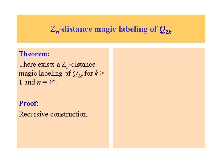 Zn-distance magic labeling of Q 2 k Theorem: There exists a Zn-distance magic labeling