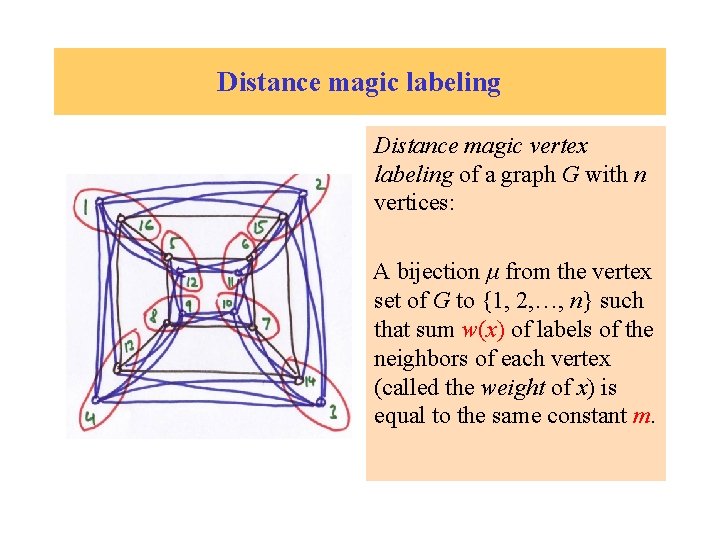 Distance magic labeling Distance magic vertex labeling of a graph G with n vertices: