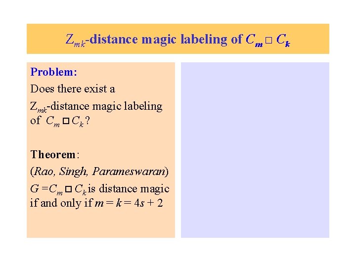 Zmk-distance magic labeling of Cm □ Ck Problem: Does there exist a Zmk-distance magic