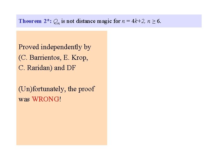 Theorem 2*: Qn is not distance magic for n = 4 k+2, n ≥