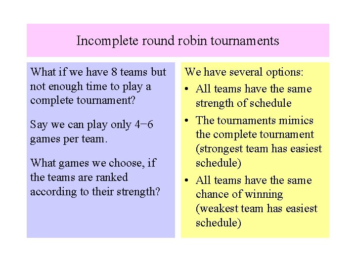 Incomplete round robin tournaments What if we have 8 teams but not enough time