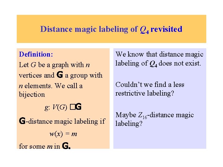 Distance magic labeling of Q 4 revisited Definition: Let G be a graph with