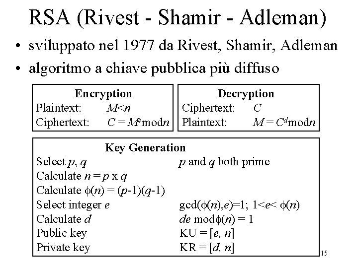 RSA (Rivest - Shamir - Adleman) • sviluppato nel 1977 da Rivest, Shamir, Adleman