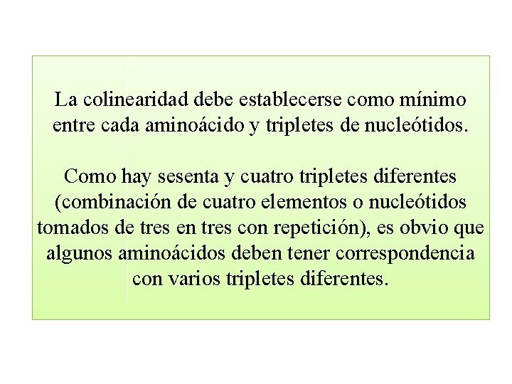 La colinearidad debe establecerse como mínimo entre cada aminoácido y tripletes de nucleótidos. Como