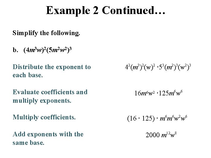 Example 2 Continued… Simplify the following. b. (4 m 3 w)2(5 m 2 w