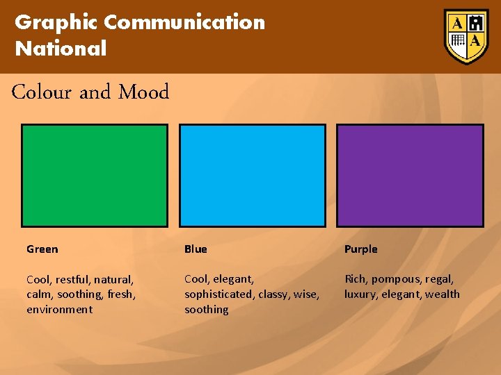 Graphic Communication National Colour and Mood Green Blue Purple Cool, restful, natural, calm, soothing,