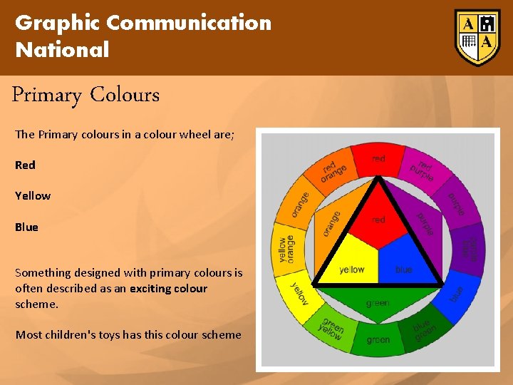 Graphic Communication National Primary Colours The Primary colours in a colour wheel are; Red