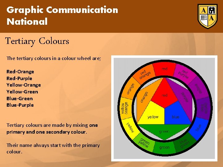 Graphic Communication National Tertiary Colours The tertiary colours in a colour wheel are; Red-Orange