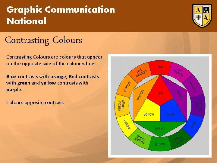 Graphic Communication National Contrasting Colours are colours that appear on the opposite side of