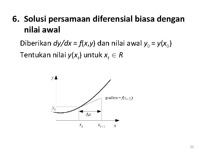 6. Solusi persamaan diferensial biasa dengan nilai awal Diberikan dy/dx = f(x, y) dan