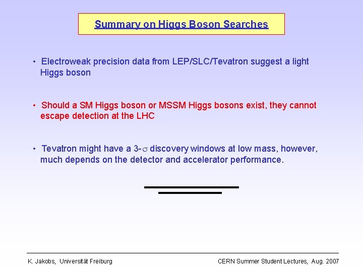 Summary on Higgs Boson Searches • Electroweak precision data from LEP/SLC/Tevatron suggest a light