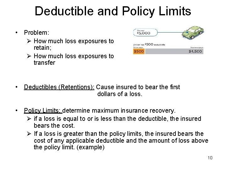 Deductible and Policy Limits • Problem: Ø How much loss exposures to retain; Ø