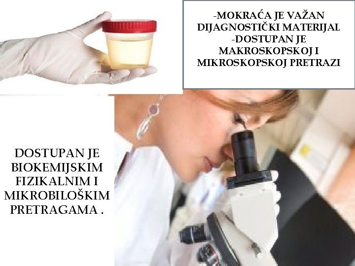 -MOKRAĆA JE VAŽAN DIJAGNOSTIČKI MATERIJAL -DOSTUPAN JE MAKROSKOPSKOJ I MIKROSKOPSKOJ PRETRAZI DOSTUPAN JE BIOKEMIJSKIM