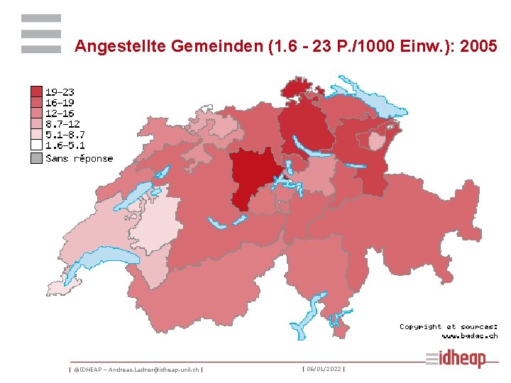 Angestellte Gemeinden (1. 6 - 23 P. /1000 Einw. ): 2005 | ©IDHEAP –