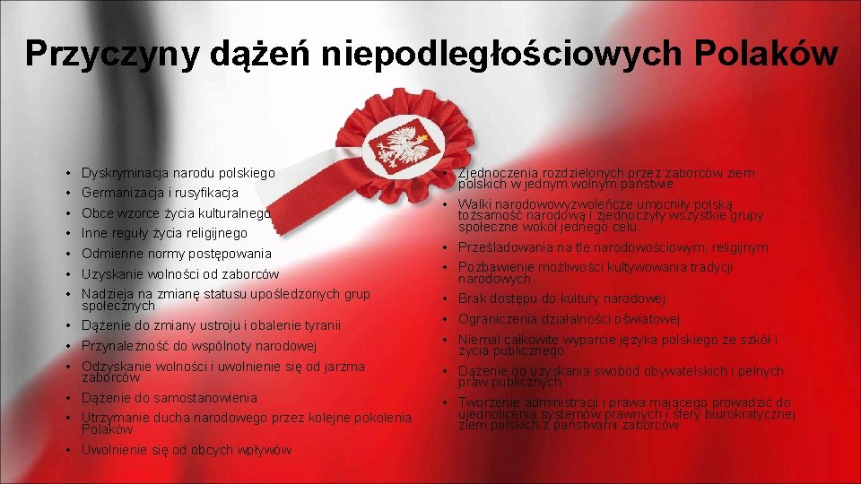 Przyczyny dążeń niepodległościowych Polaków • • Dyskryminacja narodu polskiego Germanizacja i rusyfikacja Obce wzorce