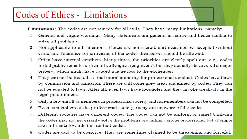 Codes of Ethics - Limitations 