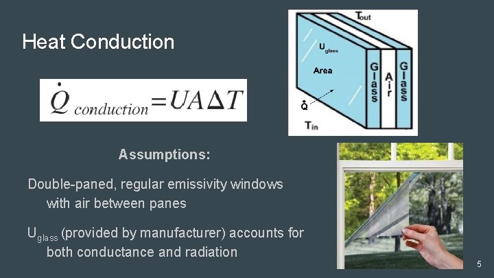 Heat Conduction Assumptions: Double-paned, regular emissivity windows with air between panes Uglass (provided by