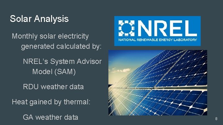 Solar Analysis Monthly solar electricity generated calculated by: NREL’s System Advisor Model (SAM) RDU