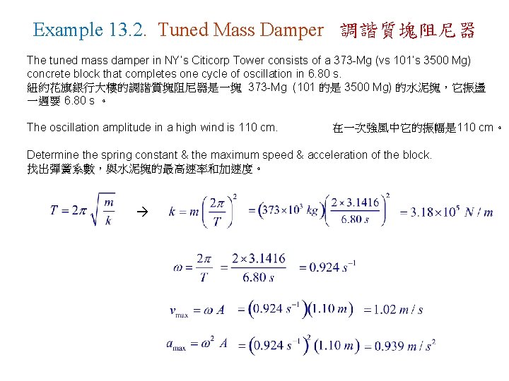 Example 13. 2. Tuned Mass Damper 調諧質塊阻尼器 The tuned mass damper in NY’s Citicorp
