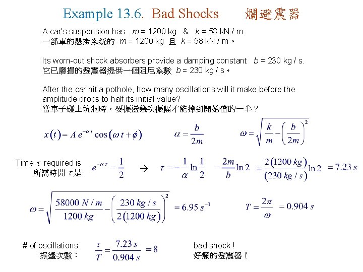 Example 13. 6. Bad Shocks 爛避震器 A car’s suspension has m = 1200 kg