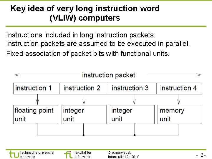 Key idea of very long instruction word (VLIW) computers Instructions included in long instruction