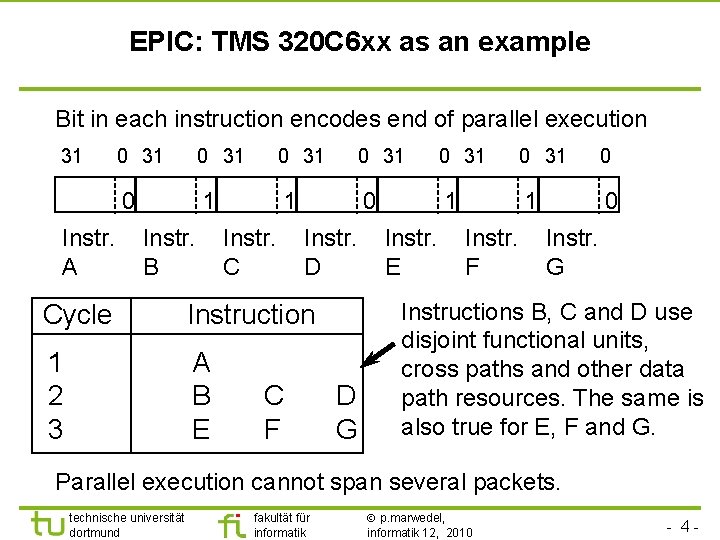 EPIC: TMS 320 C 6 xx as an example Bit in each instruction encodes