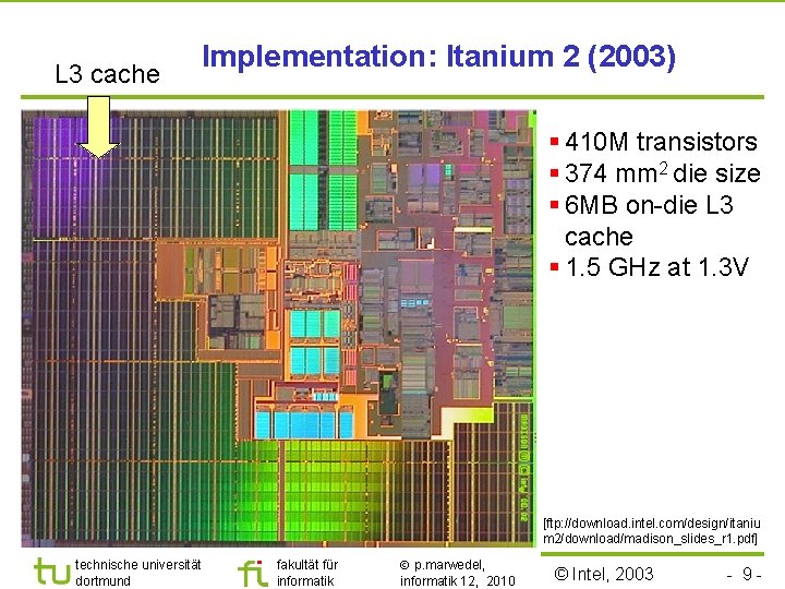 L 3 cache Implementation: Itanium 2 (2003) § 410 M transistors § 374 mm