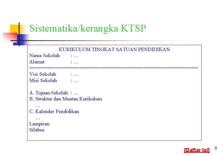 Sistematika/kerangka KTSP KURIKULUM TINGKAT SATUAN PENDIDIKAN Nama Sekolah : … Alamat : … =============================