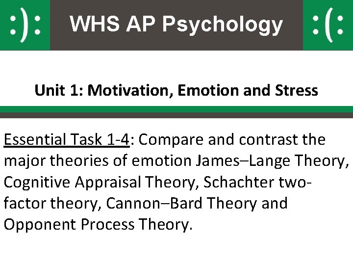 WHS AP Psychology Unit 1: Motivation, Emotion and Stress Essential Task 1 -4: Compare WHS AP Psychology Unit 1: Motivation, Emotion and Stress Essential Task 1 -4: Compare