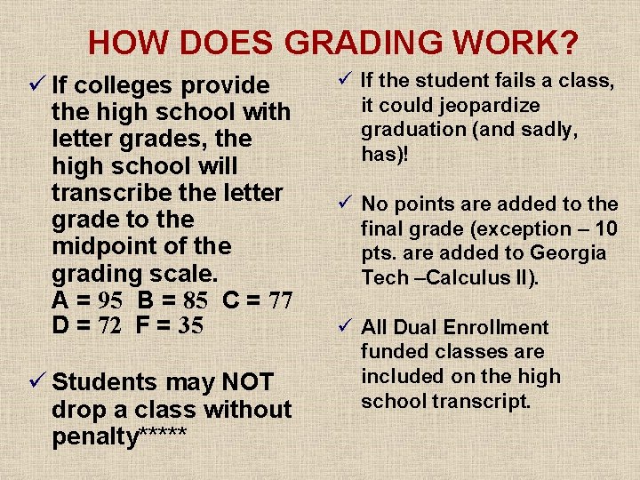 HOW DOES GRADING WORK? ü If colleges provide the high school with letter grades, HOW DOES GRADING WORK? ü If colleges provide the high school with letter grades,