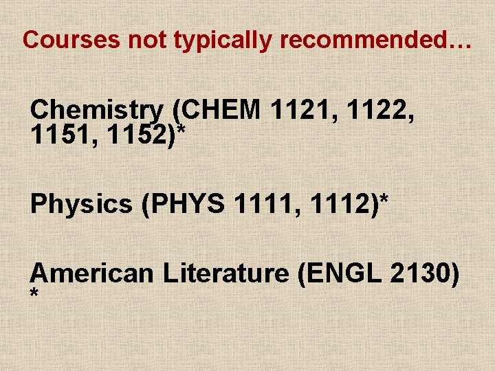 Courses not typically recommended… Chemistry (CHEM 1121, 1122, 1151, 1152)* Physics (PHYS 1111, 1112)* Courses not typically recommended… Chemistry (CHEM 1121, 1122, 1151, 1152)* Physics (PHYS 1111, 1112)*