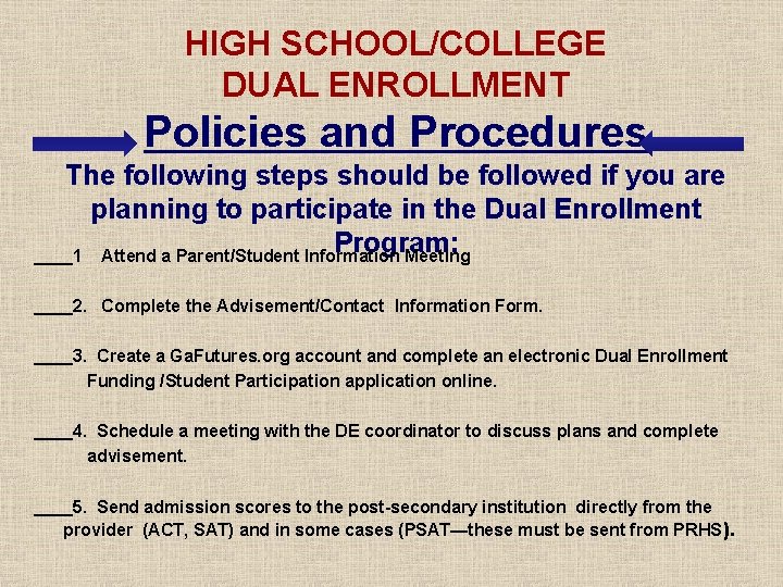 HIGH SCHOOL/COLLEGE DUAL ENROLLMENT Policies and Procedures The following steps should be followed if HIGH SCHOOL/COLLEGE DUAL ENROLLMENT Policies and Procedures The following steps should be followed if