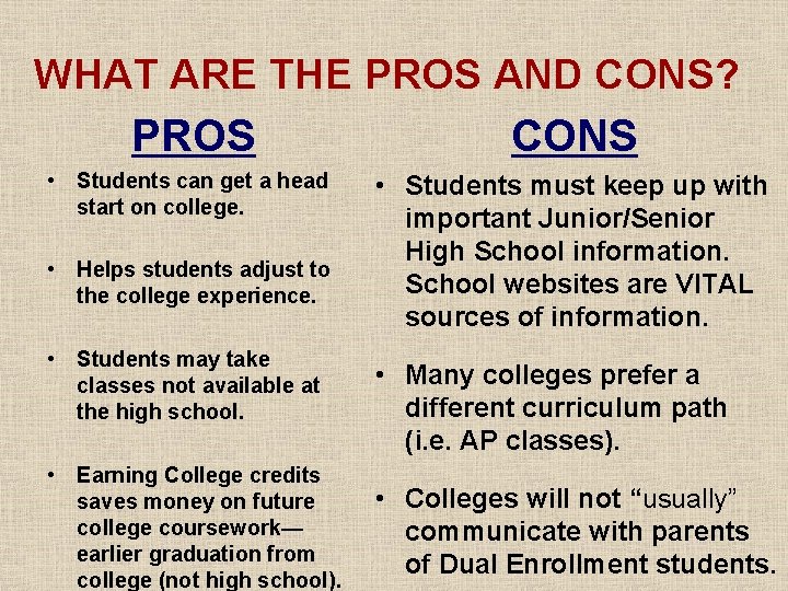 WHAT ARE THE PROS AND CONS? PROS CONS • Students can get a head WHAT ARE THE PROS AND CONS? PROS CONS • Students can get a head