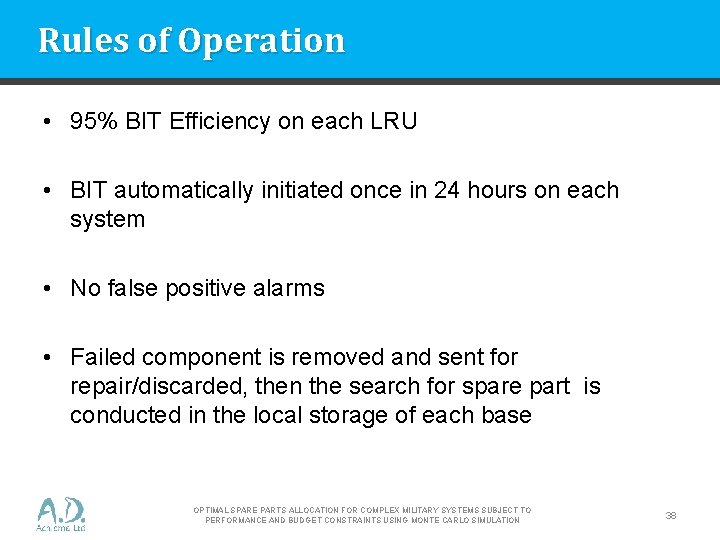 Rules of Operation • 95% BIT Efficiency on each LRU • BIT automatically initiated