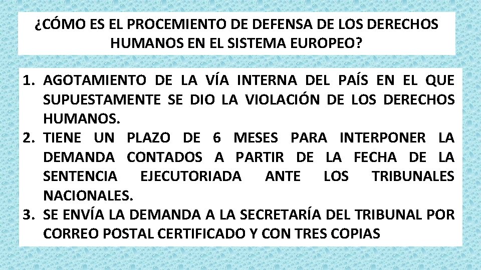 ¿CÓMO ES EL PROCEMIENTO DE DEFENSA DE LOS DERECHOS HUMANOS EN EL SISTEMA EUROPEO? ¿CÓMO ES EL PROCEMIENTO DE DEFENSA DE LOS DERECHOS HUMANOS EN EL SISTEMA EUROPEO?