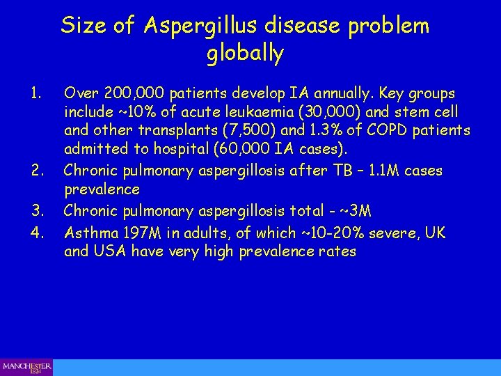 Size of Aspergillus disease problem globally 1. 2. 3. 4. Over 200, 000 patients