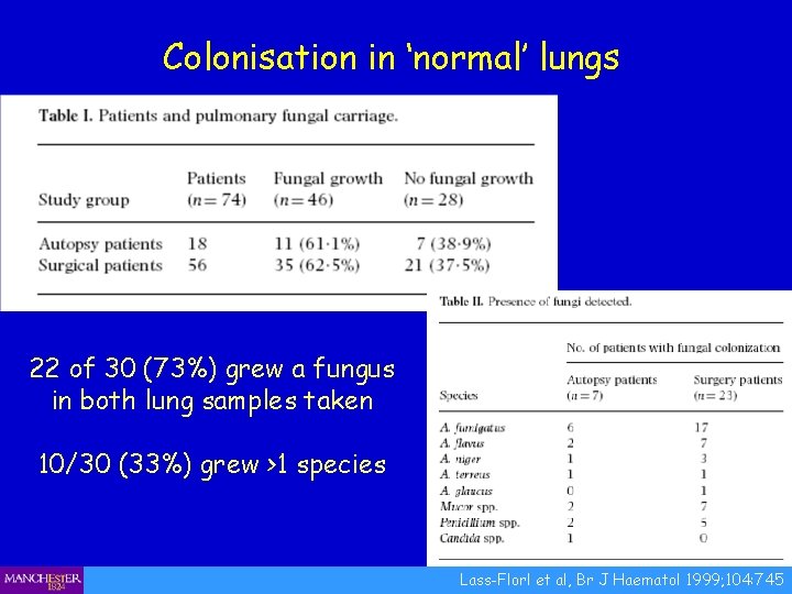 Colonisation in ‘normal’ lungs 22 of 30 (73%) grew a fungus in both lung