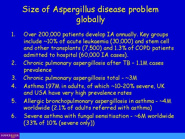 Size of Aspergillus disease problem globally 1. 2. 3. 4. 5. 6. Over 200,
